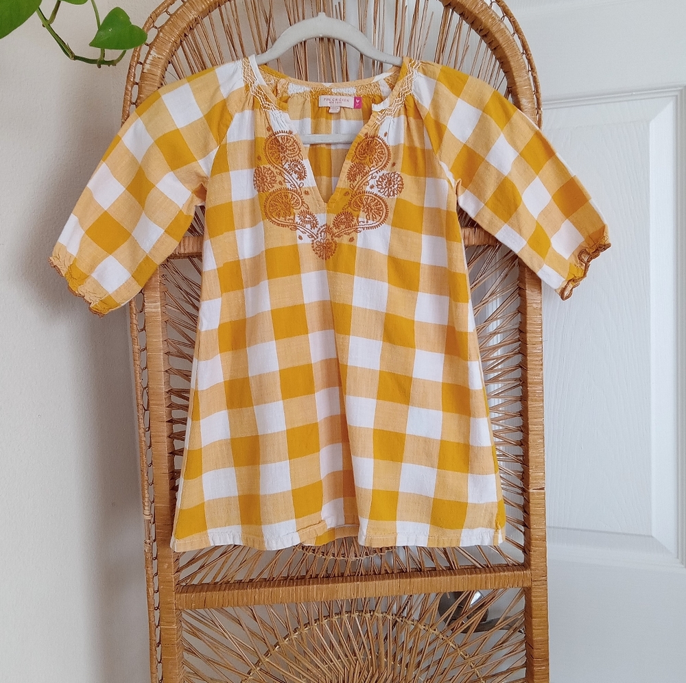 Pink Chicken Yellow and White Gingham Embroidered Tunic Dress